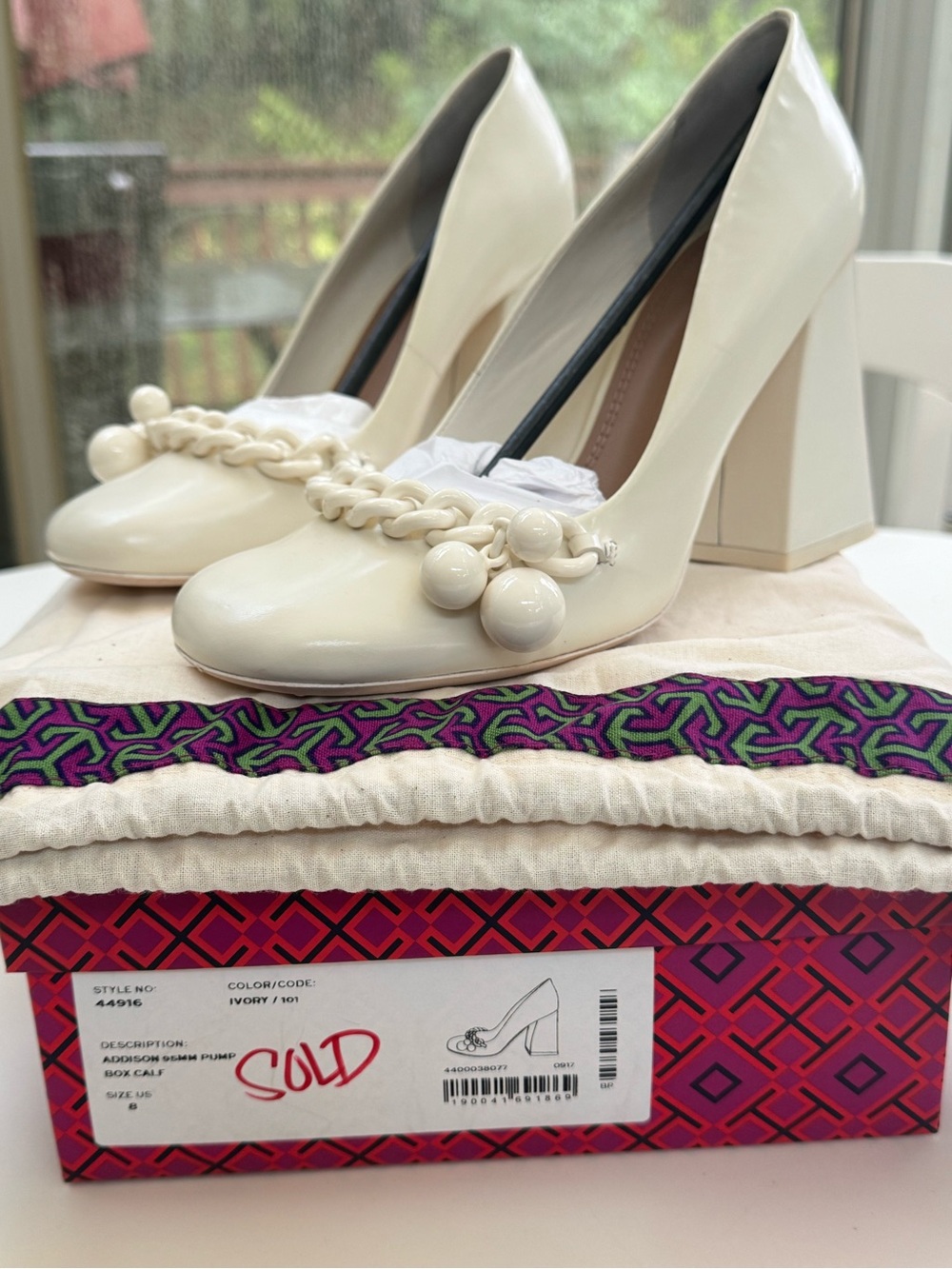 Tory Burch Ivory Chain-Embellished Block Heel Pumps